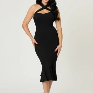 Unique Vintage Black Criss Cross Halter Pencil Dress